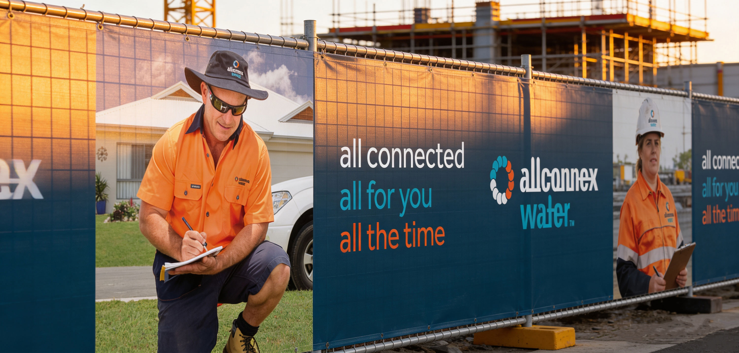 Allconnex branded perimeter fence signage at a water treatment facility