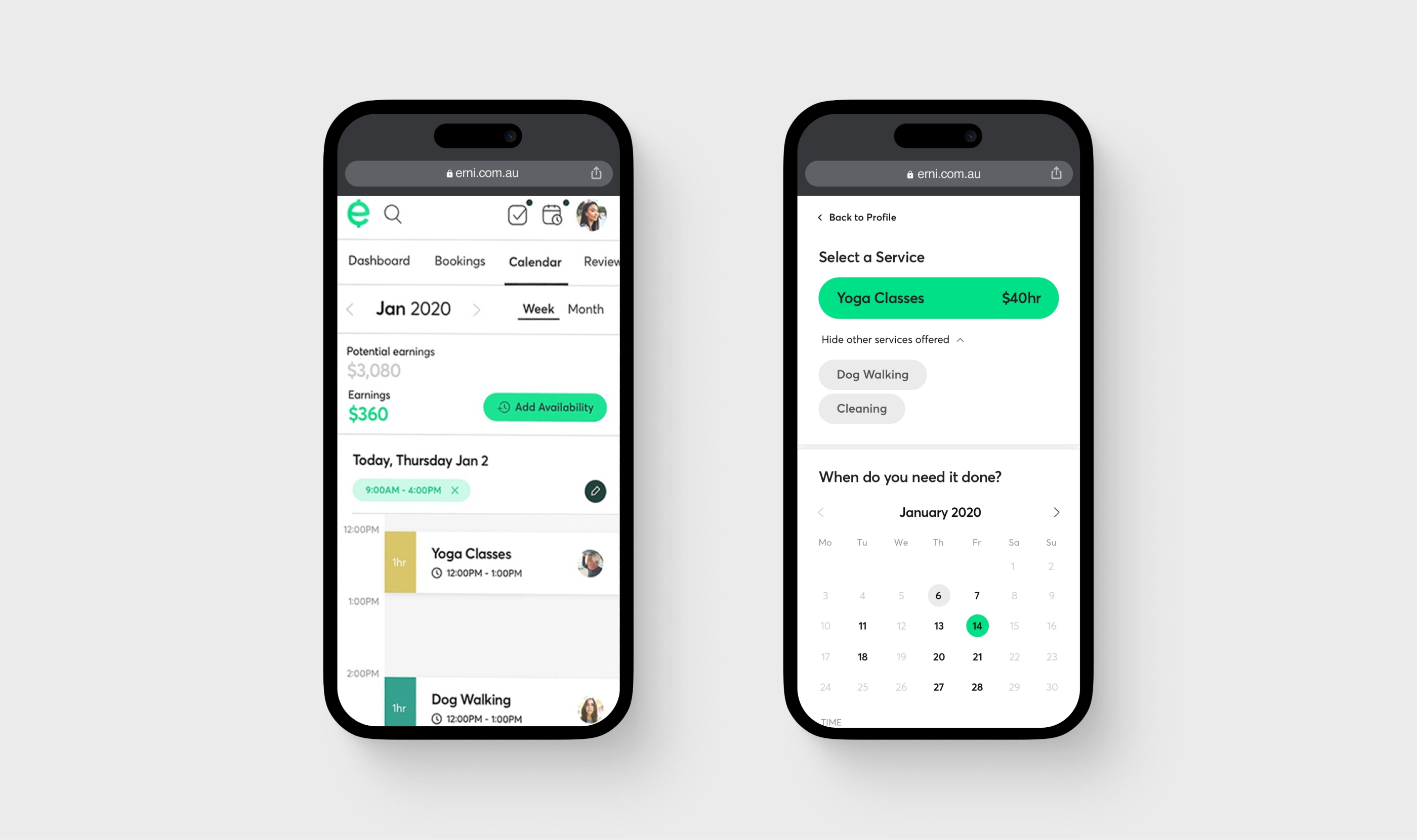 Erni mobile app — calendar and service booking