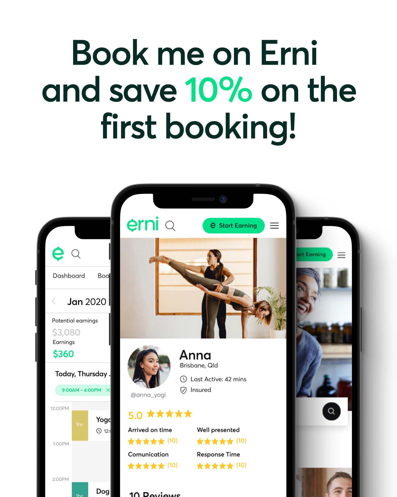 Erni app screens — booking, profile, and dashboard