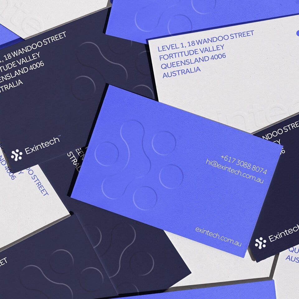 Exintech brand collateral — brochure covers and marketing templates